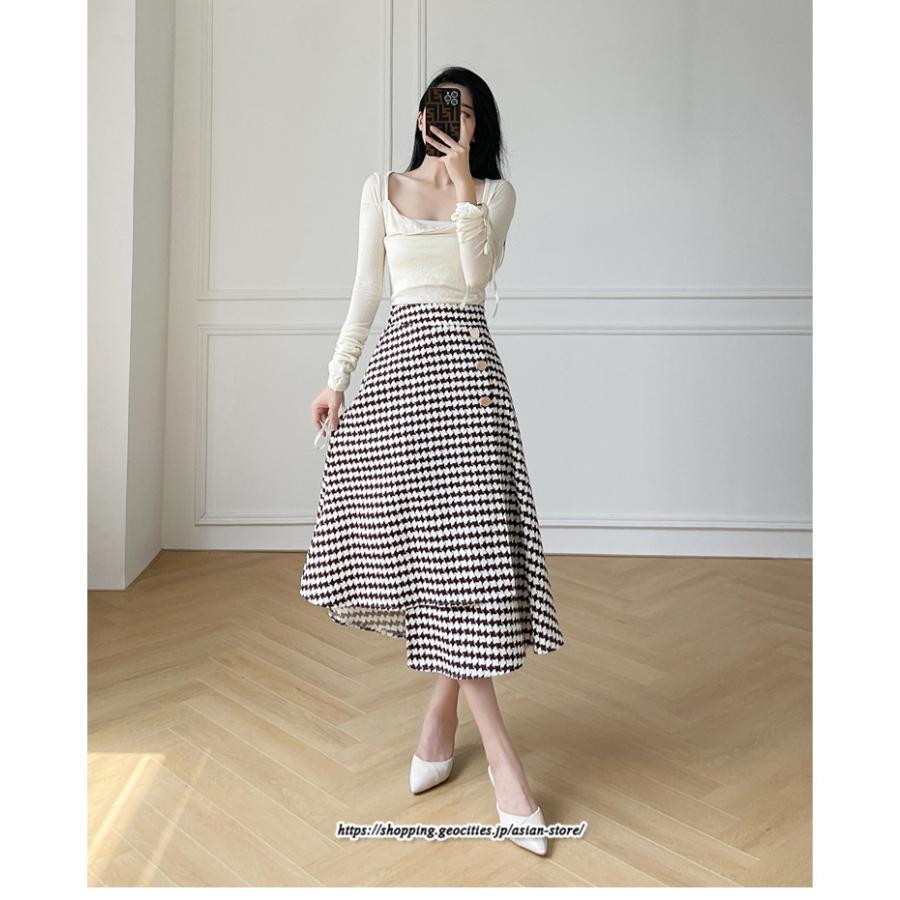 スカート | ロングきれいめ レディース ロング丈 Aライン 20代 30代 40代 50代 秋 冬 千鳥格柄 細見え 可愛い ハイウエスト お出かけ 高見え