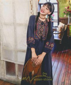 マキシ | ワンピース レディース 刺繍 綿麻 レトロ調 インスタ映え ナチュラル エスニック風 民族風 ボヘミアン 撮影 リゾート 柔らかい ウエストリボン長袖 イベント