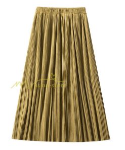 スカート | プリーツロングミモレ丈 ビロードAラインウエストゴム ハイウエスト 秋冬 無地 ゆったり 通学通勤 大人