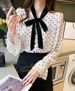 シャツ・ブラウス | ブラウス レディース 長袖ブラウス 秋服 オフィスブラウス リボンネック オシャレブラウス プリントトップス 韓国風 大人 ゆったりシャツ 通勤OL ドット柄 上品