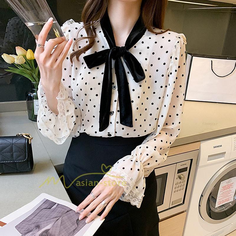 シャツ・ブラウス | ブラウス レディース 長袖ブラウス 秋服 オフィスブラウス リボンネック オシャレブラウス プリントトップス 韓国風 大人 ゆったりシャツ 通勤OL ドット柄 上品