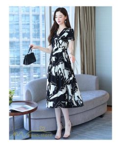 ミディアム | Aラインスカート レディース 着痩せ 黒 白 Vネック 半袖 ワンピース エレガント フェミニン 気質 30代 ママ きれいめ 40代 大きいサイズ サマーワンピース 夏