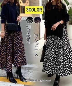 マキシ | ドッキングワンピース 長袖ワンピース 秋ワンピース 切替 フレアワンピース Aライン ロングワンピース レイヤード風 ライトスウェット Tシャツ切り替え