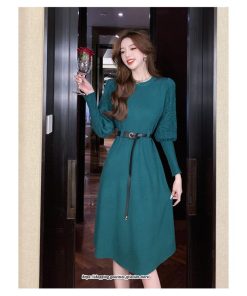 ミディアム | ワンピース 無地 きれいめ 30代 40代 50代 着やせ 上品 大きいサイズ ミモレ丈 長袖 春夏秋冬 丸首 ミモレ丈 ひざ丈 長袖 パフスリーブ