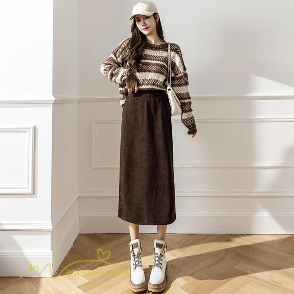 スカート | Aライン秋冬コーデ ウエストゴム カジュアル 20代 30代 着痩せ 秋 冬 ひざ下丈 パイル地 OL 40代 ポケット ビジネス 50代 裾口スリット