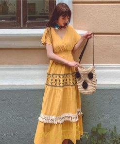 マキシ | ワンピース エスニック 綿麻 エスニックファッション 春ワンピ 夏ワンピ コットン リネン かわいい おしゃれ ハイウエスト バカンス 刺繍 Vネック リゾート 旅行