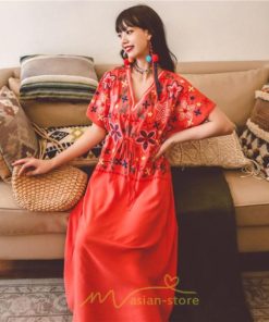 マキシ | ワンピース レディース リゾートワンピ かわいい 半袖 Ｖネック 刺繍 上品 Aライン ロング丈 ロング丈ワンピ エスニック風 結婚式 ファッション 二次会 卒業式