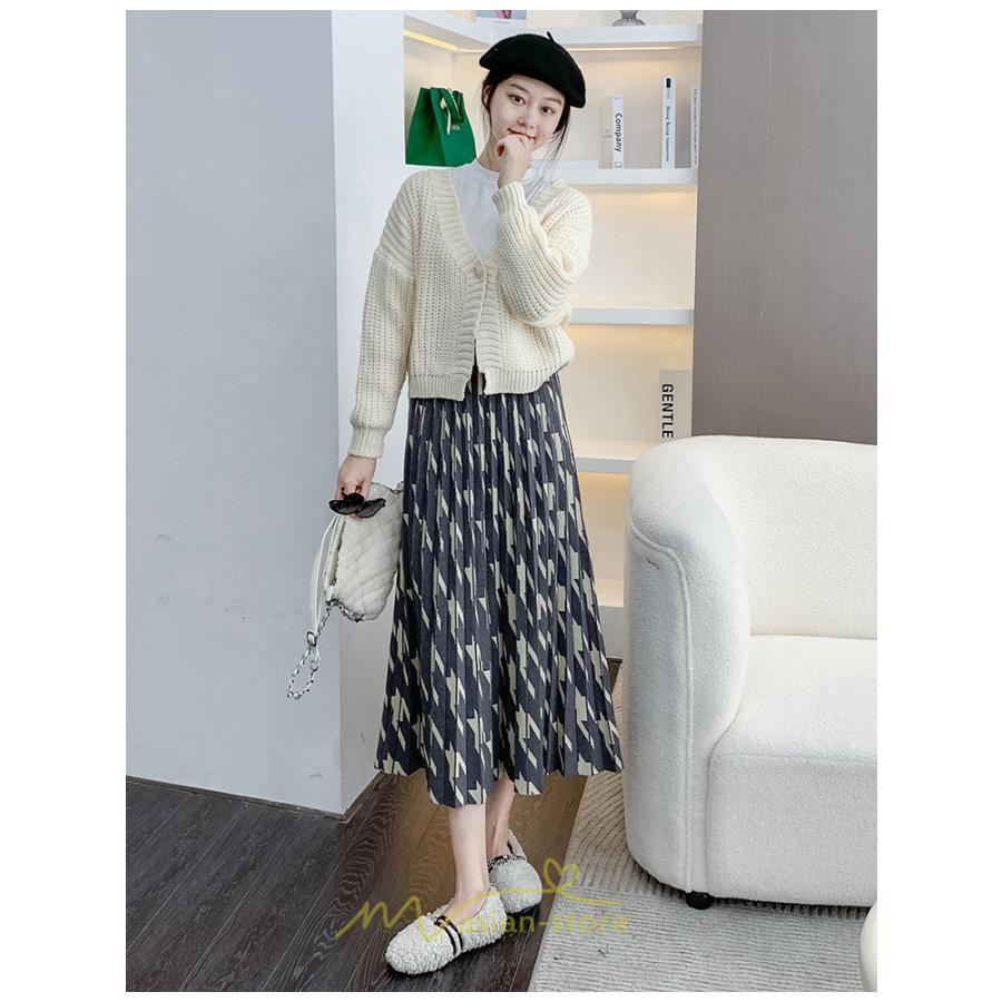 スカート | ロングレディース ボトムス プリーツかわいい 秋冬新作 韓国風 ハイウエスト 細見え 脚長効果 ニット こなれ感 高身長 低身長 トレンド