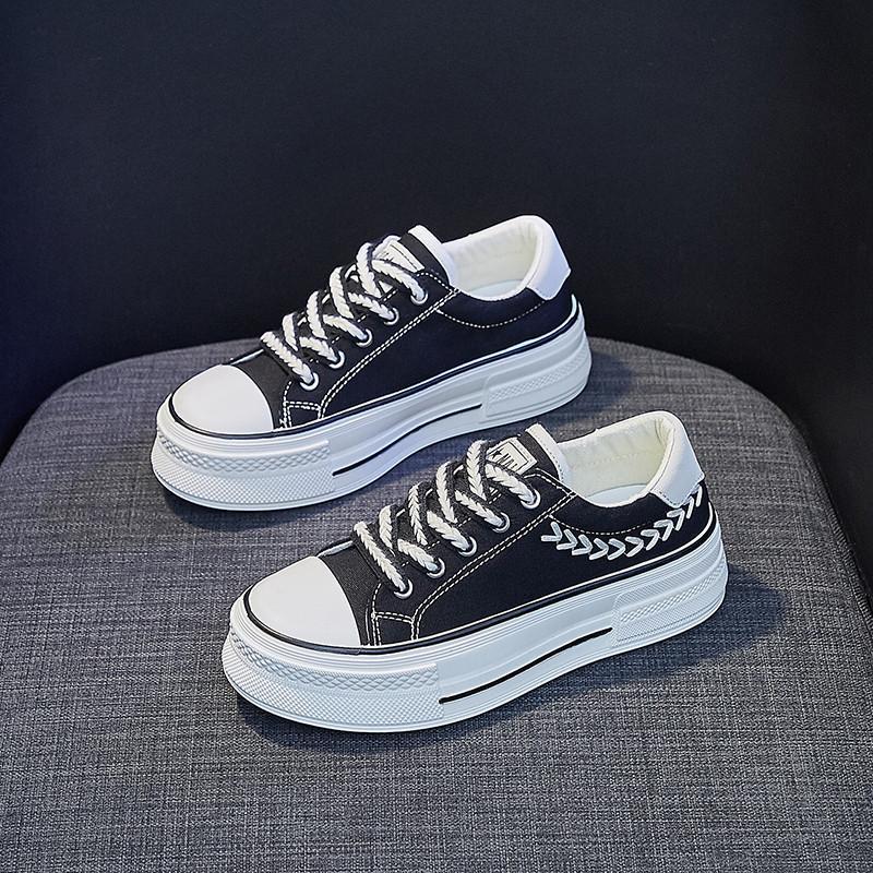 スニーカー | レディースシューズ レースアップ ローカット 厚底靴 履きやすい キャンバス カジュアルシューズ フラットシューズ
