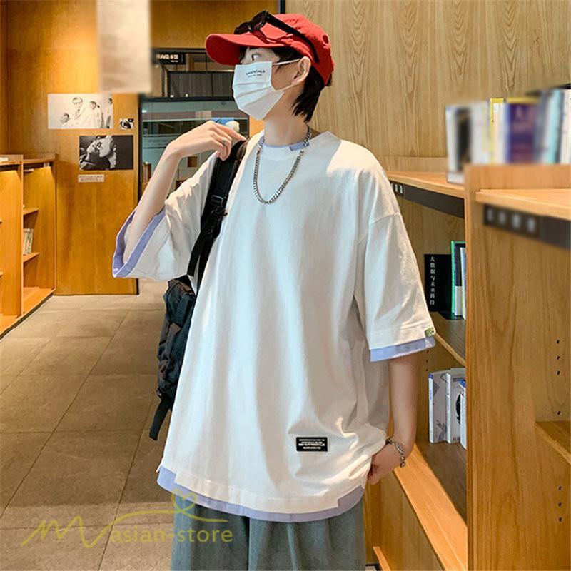 Tシャツ | メンズ 夏物 半袖 五分袖 フェイク レイヤード 重ね着風 無地 おしゃれ プルオーバー オーバーサイズ カジュアル 30代 20代 40代 ゆったり 男性着