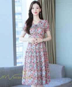 ミディアム | ワンピース レディース Aライン カジュアル Vネック サマー 半袖 ひざ丈 ミディアムワンピース 大きいサイズ 上品 花柄 着痩せ サマーワンピース 夏服