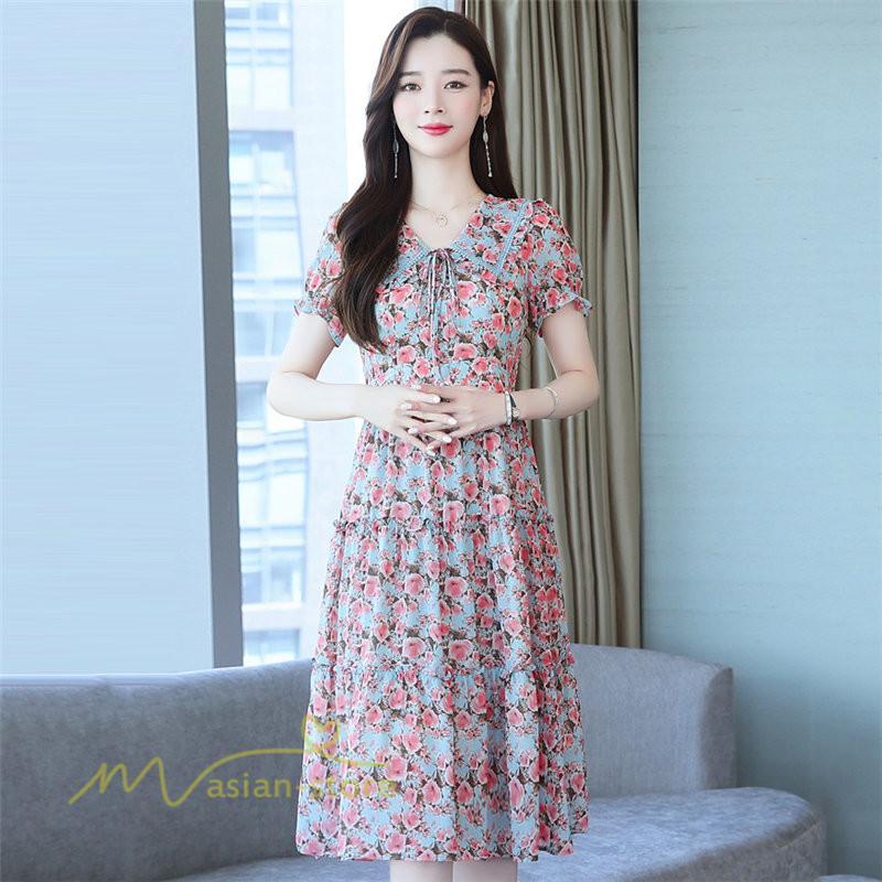 ミディアム | ワンピース レディース Aライン カジュアル Vネック サマー 半袖 ひざ丈 ミディアムワンピース 大きいサイズ 上品 花柄 着痩せ サマーワンピース 夏服