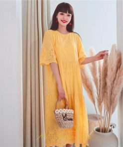 マキシ | ワンピース レース 丸首 刺繍 ロングワンピース レディース 夏秋 結婚式 きれいめ フォーマル 大人 上品 綿麻 白 黄色 コットン ピンク かわいい リネン