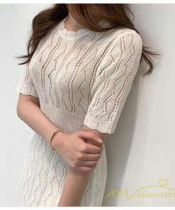 ミディアム | ワンピース レディース ニットワンピース 膝丈ワンピース タイト 膝丈 ミディアム丈 ハーフスリーブ 半袖ワンピース ワンピース 上品 スリム ニット きれいめ