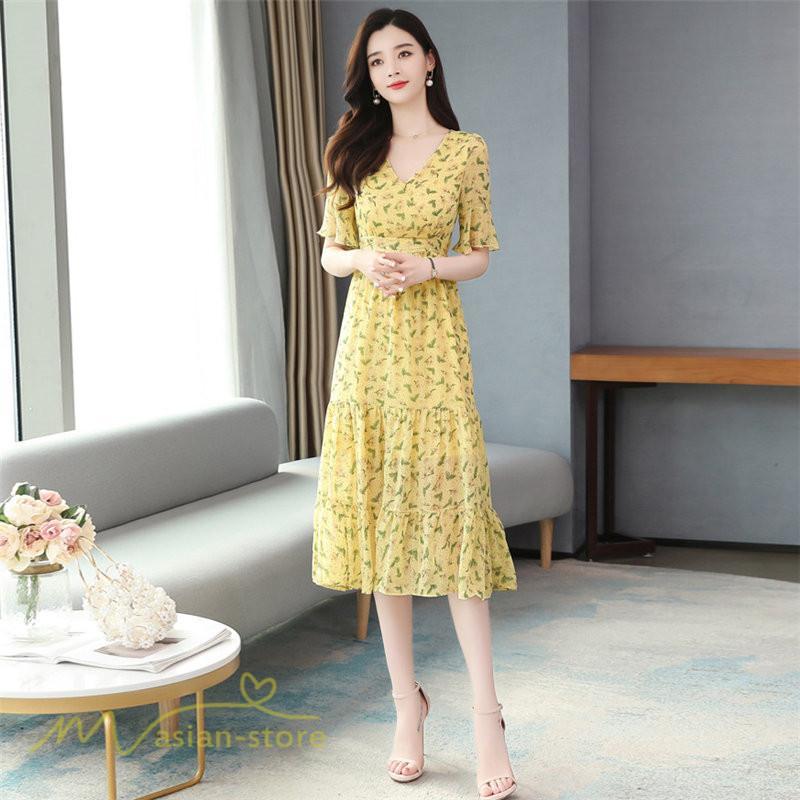 ミディアム | ワンピース Aライン レディース 着痩せ 上品 カジュアル Vネック カジュアル 春 夏 花柄 きれいめサマー ワンピース 通勤 通学 ソフト 膝丈 大人 お出かけ