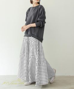 スカート | ロング夏新作 フレア切り替え チェック柄 20代30代 大人 40代50代 可愛い 60代 ゆったり 広い裾 ウエストゴム 6色 春 ダンス舞台 綿 春夏 秋