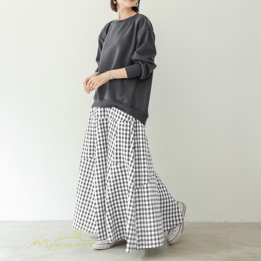スカート | ロング夏新作 フレア切り替え チェック柄 20代30代 大人 40代50代 可愛い 60代 ゆったり 広い裾 ウエストゴム 6色 春 ダンス舞台 綿 春夏 秋