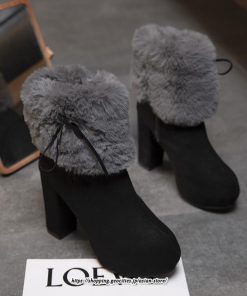 ブーツ | ショートレディース 10cmハイヒール ファー 冬用 保温防寒 太めヒール サイドジッパー スエード調 痛くない 冬靴 オシャレ 歩きやすい 痛くない