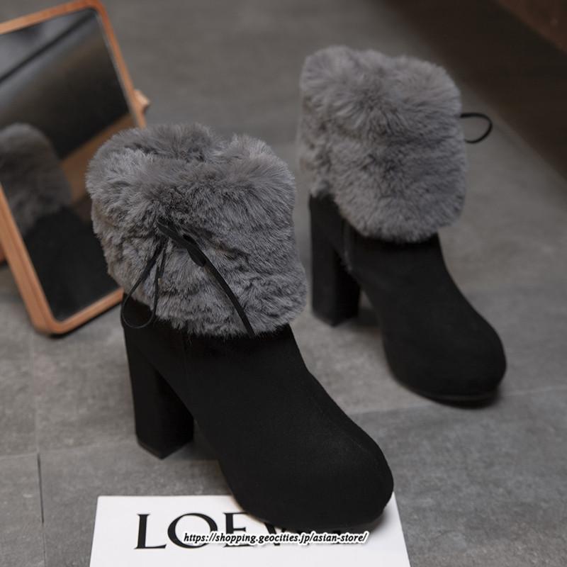 ブーツ | ショートレディース 10cmハイヒール ファー 冬用 保温防寒 太めヒール サイドジッパー スエード調 痛くない 冬靴 オシャレ 歩きやすい 痛くない