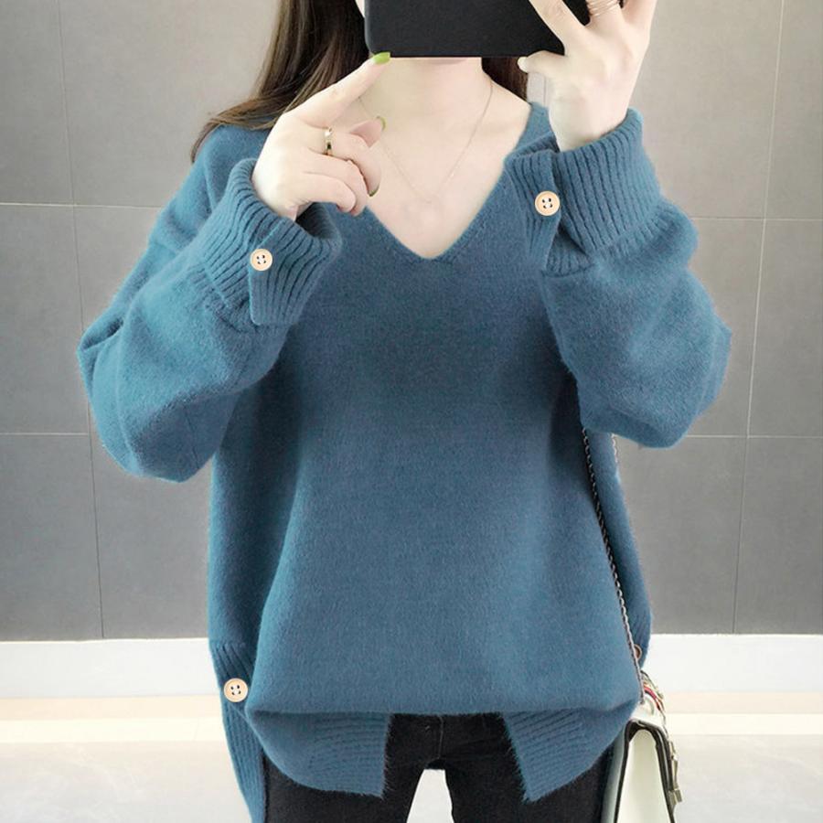 ニット・セーター | Vネック ニット ニットトップス プルオーバー 無地 ニットセーター スリット入り 秋冬 ニットソー レディース
