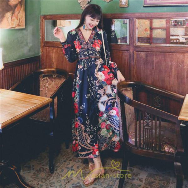 マキシ | マキシワンピース レディース ロング丈 大人 ワンピ 花柄 夏秋 Vネック カジュアル 着やせ きれいめ 撮影 人気 二次会 パーティー 通気 ゆったり 夏秋服