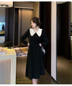 ミディアム | Aラインワンピース 秋コーデ レディース 長袖 膝丈ワンピース 腰リボン付き 美ライン シルエット 無地 フォーマル お呼ばれ 大人 オフィス 黒ワンピース