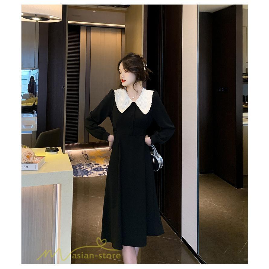 ミディアム | Aラインワンピース 秋コーデ レディース 長袖 膝丈ワンピース 腰リボン付き 美ライン シルエット 無地 フォーマル お呼ばれ 大人 オフィス 黒ワンピース