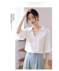 シャツ・ブラウス | レディース シャツ ブラウス オフィス 七分袖 白 ビジネス 事務服 おしゃれ 開襟 制服 リクルート おしゃれ 無地 華奢見え 着痩せ 夏コーデ 上品 お出かけ 日常