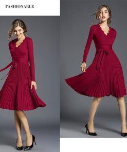 ミディアム | ワンピース レディース ひざ丈ワンピ フレアワンピース Ｖネック 長袖 体型カバー ワンピース 通勤 二次会 カジュアル パーティー 上品 リボン付き