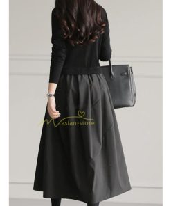 マキシ | ニットワンピース ドッキングワンピース 無地 チェック柄 黒 グレー 切り替え ワンピース 秋冬 フレアスカート 長袖 ニットトップス 切替 フェイクレイヤード