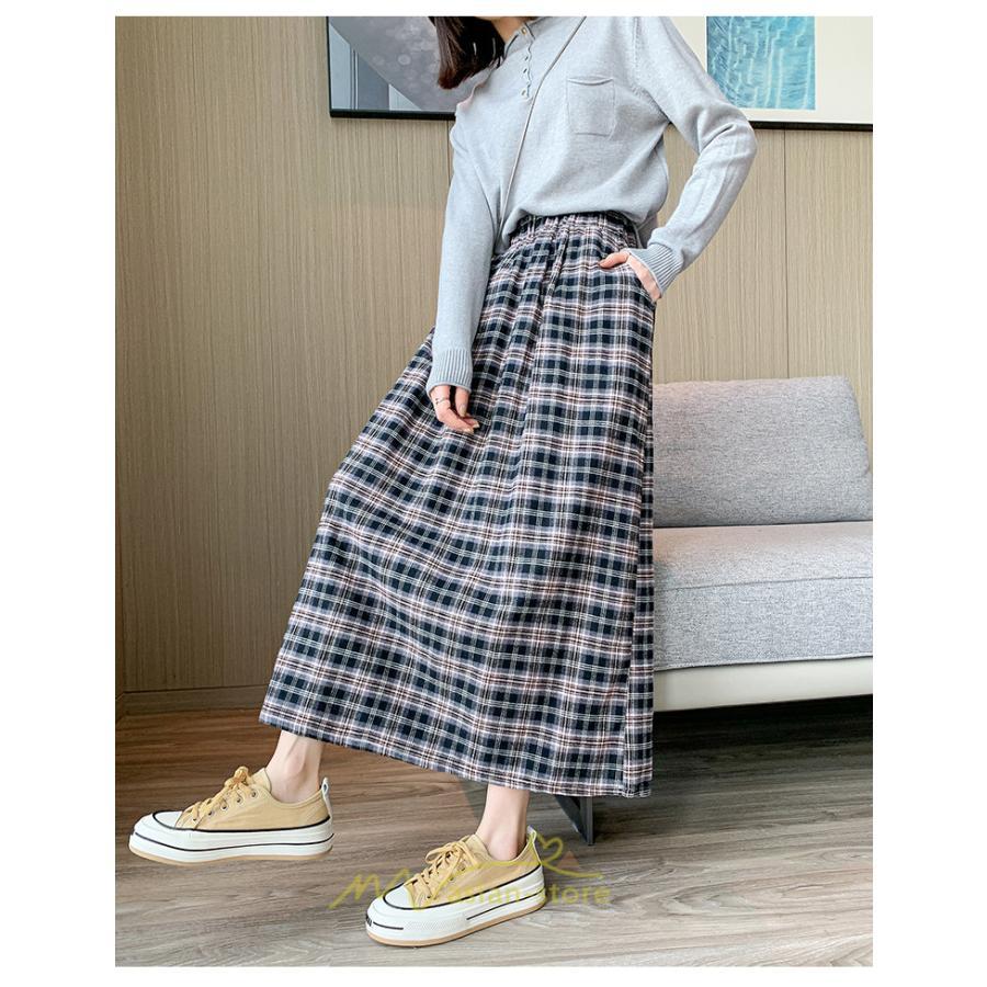 スカート | チェックロングウエストゴム チェック柄 大人 ハイウエスト Aライン30代40代50代 通学通勤 可愛い スカート ゆったり