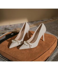 パンプス | ポインテッドトゥ ピンヒール スリップオン レディース ハイヒール グレンチェック ツイード 編みニット エレガント 22cm-24.5cm フェイクパール