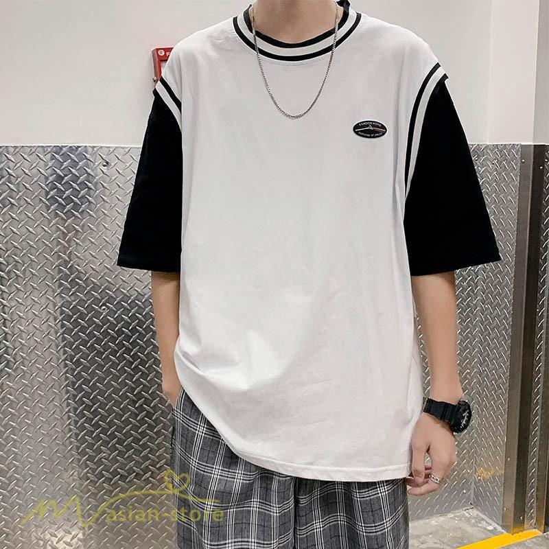 Tシャツ | Tシャツメンズ 重ね着風 半袖 Tシャツ おしゃれ ゆったり カジュアルシャツ クルーネック 新作 大きいサイズ 切り替え サマー上品 春夏 ファッション