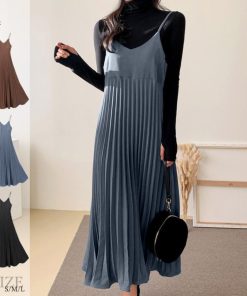 ロングスカート | ロングワンピース シンプル 無地 重ね着 フェミニン フレアキャミワンピ 着やせ レディース キャミソールワンピース プリーツ