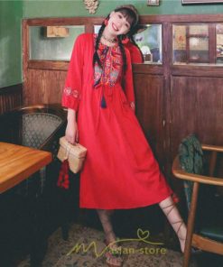 マキシ | ロングワンピース  レディース 夏 秋 夏秋 リゾート ロング ワンピ 長袖 大人 白 黄色 青 赤 四色展開 がーりー 刺繍 レトロ風 かわいい おしゃれ きれいめ 上品