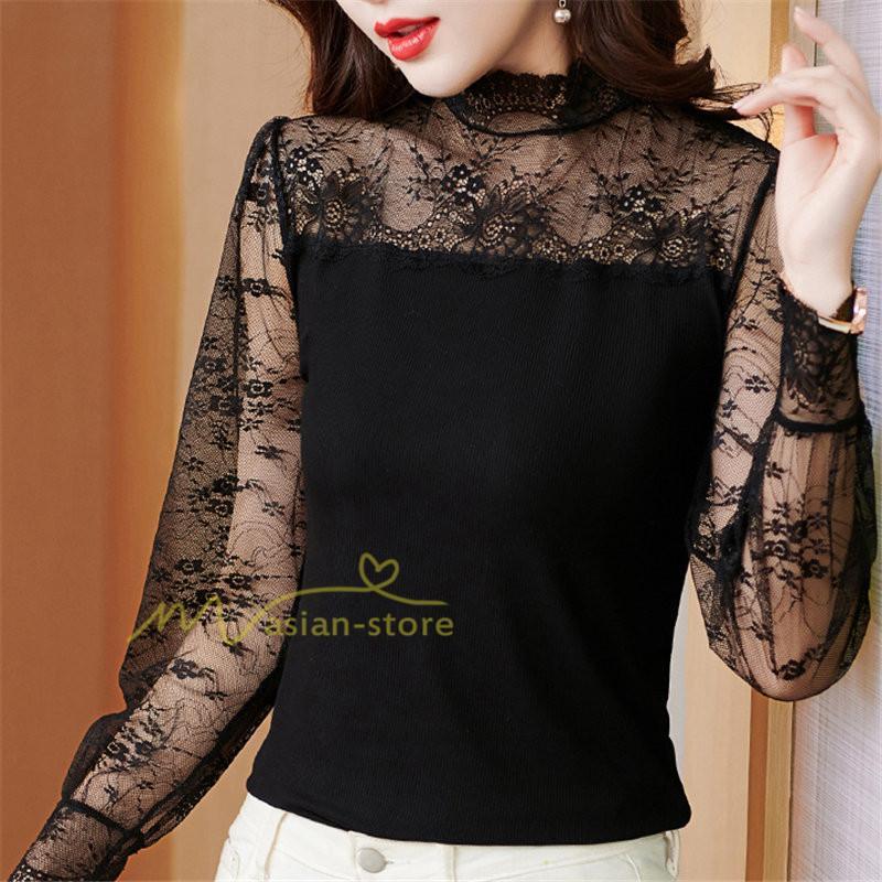 tシャツ・カットソー | カットソー レディース 長袖 春 シャツ 異素材 切り替え レース付き 透け感 20代30代40代50代 ハイネック インナー 着痩せ お出かけ カジュアル カシュクール
