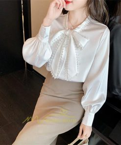 シャツ・ブラウス | ボウタイ リボン ブラウス シャツ リボンシャツ レディース 長袖 白 トップス 無地 大人 女性 ビジネス 入学式 卒業式 ママ 着回し 通勤 通学 カジュアル