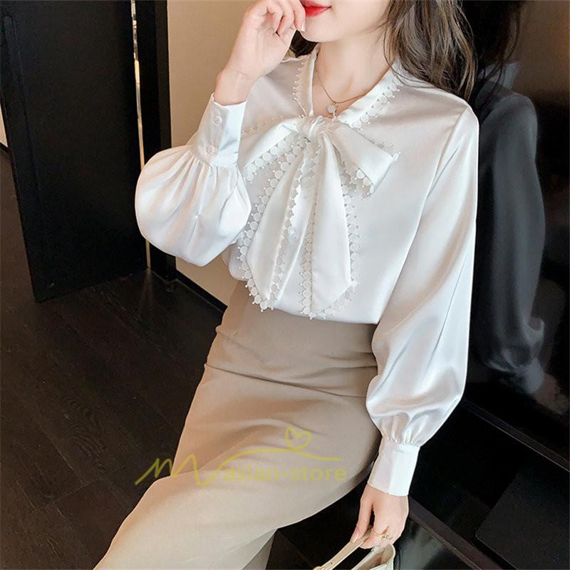 シャツ・ブラウス | ボウタイ リボン ブラウス シャツ リボンシャツ レディース 長袖 白 トップス 無地 大人 女性 ビジネス 入学式 卒業式 ママ 着回し 通勤 通学 カジュアル