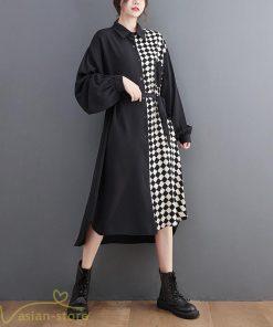 シャツワンピース | ワンピース 長袖 秋 新作 チェック柄 ゆったり 切り替え フリーサイズ ウエストリボン 体型カバー シンプル 大人 バルーンスリーブ 前開き