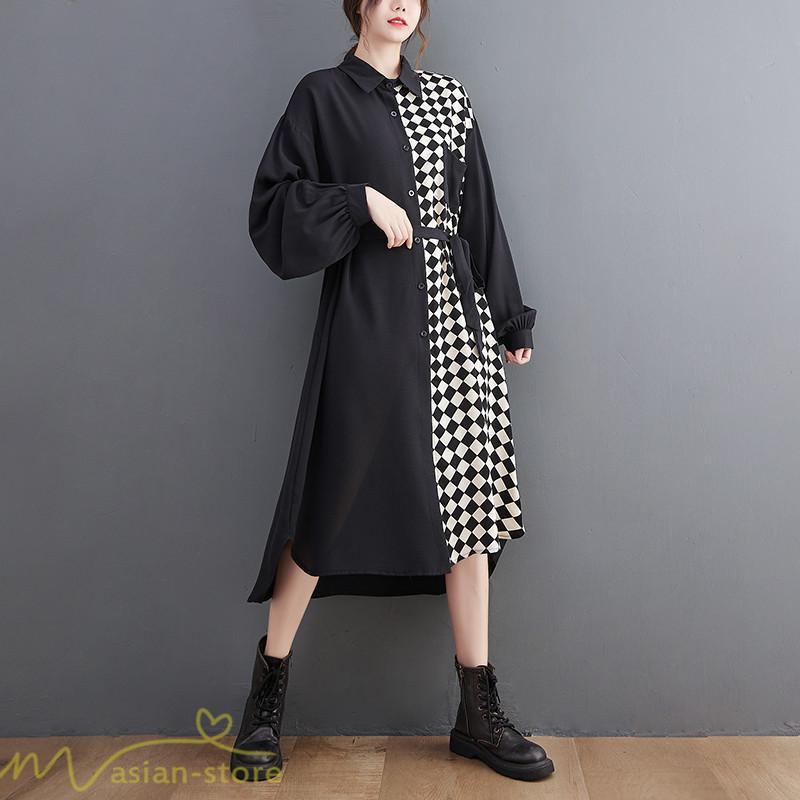 シャツワンピース | ワンピース 長袖 秋 新作 チェック柄 ゆったり 切り替え フリーサイズ ウエストリボン 体型カバー シンプル 大人 バルーンスリーブ 前開き