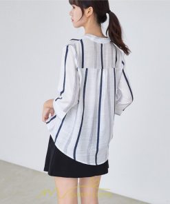 シャツ・ブラウス | ブラウス シャツ 七分袖 レディース ストライプ柄 ボーダー柄 春 夏 胸ポケット付き Ｖネック 華奢見え 通勤 お呼ばれ 日常 ビジネス 同窓会 エレガント 二次会