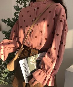 シャツ・ブラウス | 長袖ブラウス レディースシャツ 春物 夏服 羽織り 前開き 可愛い ドット柄 フレア トップス 綿麻 女の子 20代30代