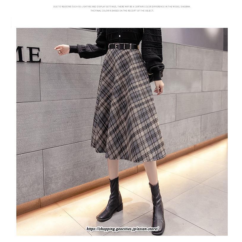 スカート | ロングミモレ レディース フレア Aライン ハイウエスト おしゃれ ゆったり ひざ下 体型カバー チェック柄 ラシャ ベルト付き 30代 20代 40代
