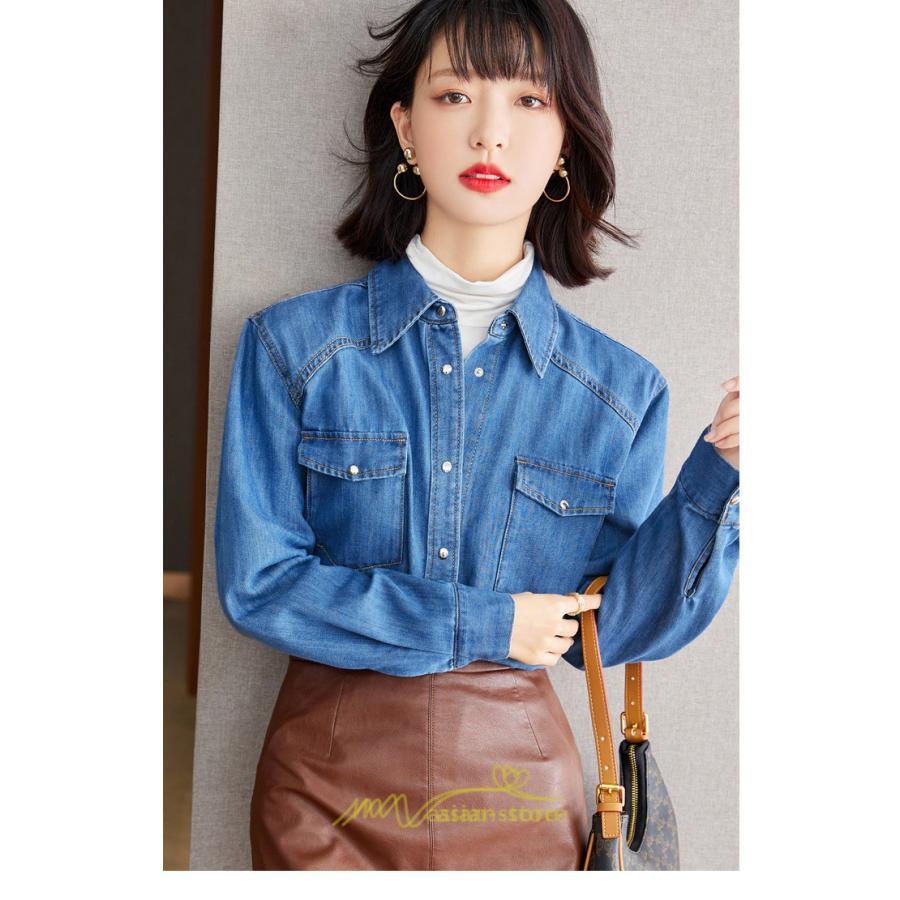 シャツ・ブラウス | デニムシャツ シャツ トップス レディース ブラウス デニム カジュアル レトロ風 通勤 通学 オシャレ キレイめ 上品 可愛い 秋服 ナチュラル 2022