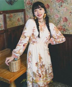 ミニ丈 | ワンピース ひざ丈 膝上 白 青 レトロ風 花柄 かわいい 着映え 着痩せ 長袖 ゆったり 大人っぽ 普段使い 旅行 きれいめ リゾート お出かけ 部屋着  SNS映え