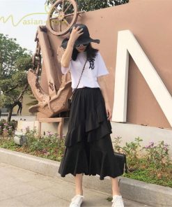 スカート | Aライン フレア裾 不規則アシンメトリー シフォン 韓国風 ティアード フリーサイズ 2020夏コーデ プリーツフレア ウエストゴム ハイウエスト