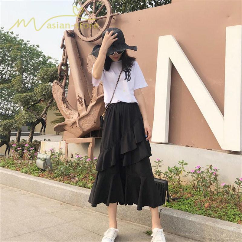 スカート | Aライン フレア裾 不規則アシンメトリー シフォン 韓国風 ティアード フリーサイズ 2020夏コーデ プリーツフレア ウエストゴム ハイウエスト