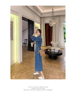 マキシ | デニムワンピース 秋 レディース ジャケット 羽織り ワンピース 長袖 腰着痩せ 女性美シルエット デニム 30代40代50代 ロング丈 オフィス 無地 秋コーデ