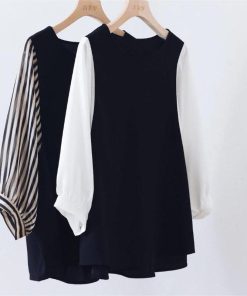 送料無料SALE | ブラウス レディース 切り替え フェイク ストライプ パフスリーブ 無地 黒 白 トップス シャツ 丸ネック 七分袖 夏服 大人 サマー 30代40代 50代 可愛い OL