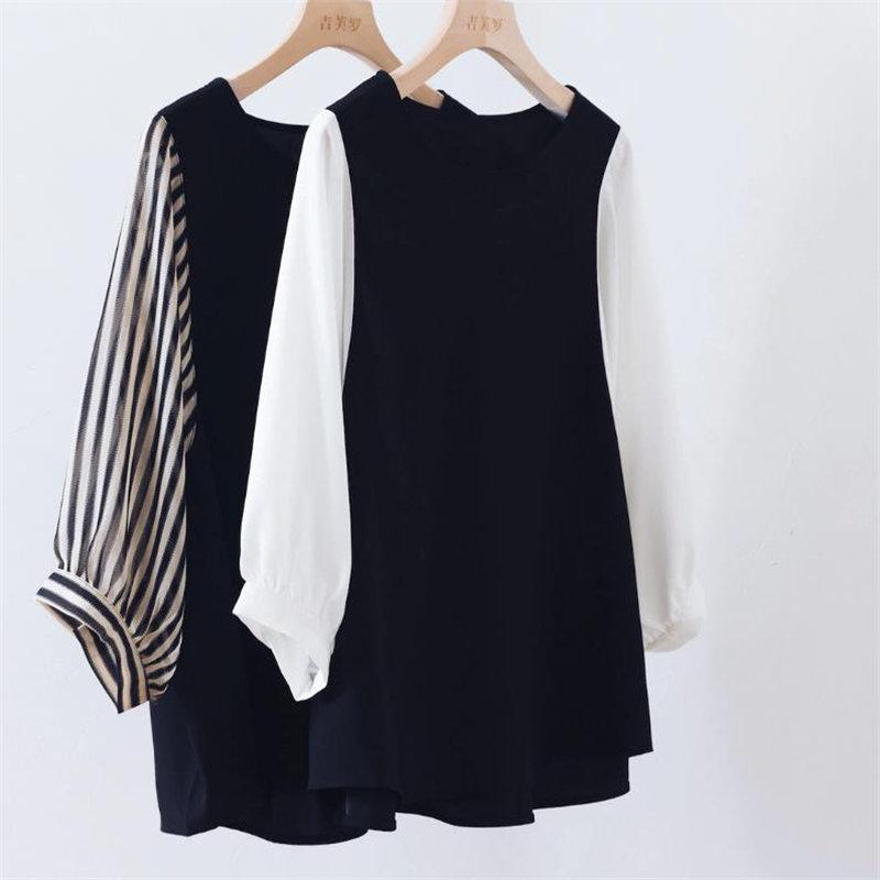 送料無料SALE | ブラウス レディース 切り替え フェイク ストライプ パフスリーブ 無地 黒 白 トップス シャツ 丸ネック 七分袖 夏服 大人 サマー 30代40代 50代 可愛い OL